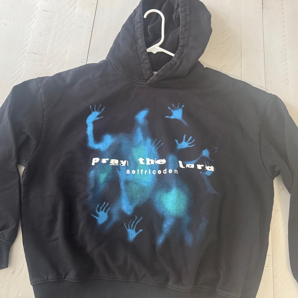 Aelfric Eden Black Hoodie with Blue Handprint Graphic - Pray the Lord